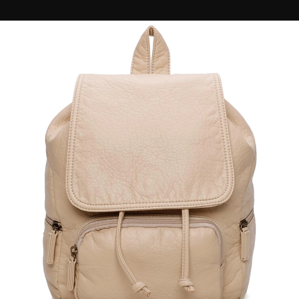 Cream vegan leather Backpack with Flap Closure and Drawstring